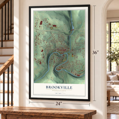 Brookville, Pennsylvania map, 24 x 36 inch print in a black frame by a staircase