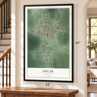 Edgar, Nebraska map, 24 x 36 inch print in a black frame by a staircase