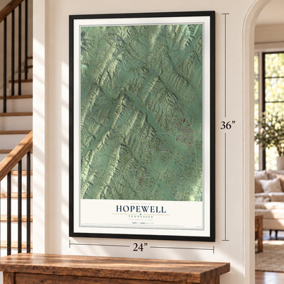 Hopewell, Tennessee map, 24 x 36 inch print in a black frame by a staircase