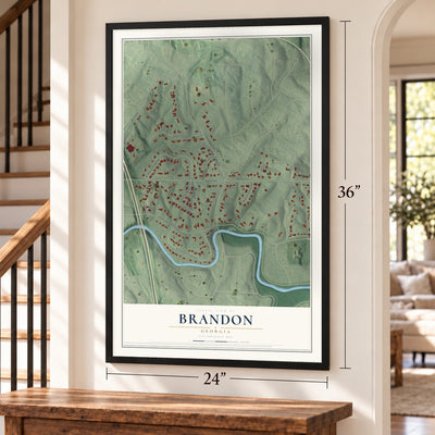 Brandon, Georgia map, 24 x 36 inch print in a black frame by a staircase