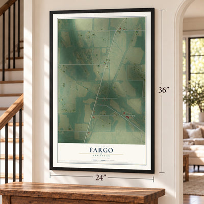 Fargo, Arkansas map, 24 x 36 inch print in a black frame by a staircase
