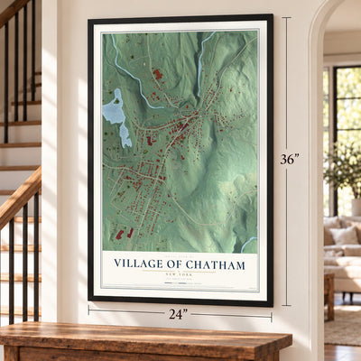 Village of Chatham, New York map, 24 x 36 inch print in a black frame by a staircase