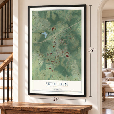 Bethlehem, Georgia map, 24 x 36 inch print in a black frame by a staircase