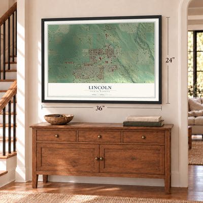 Lincoln, North Dakota map, 24 x 36 inch print in a black frame above a dresser by a staircase