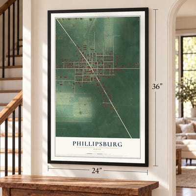 Phillipsburg, Ohio map, 24 x 36 inch print in a black frame by a staircase