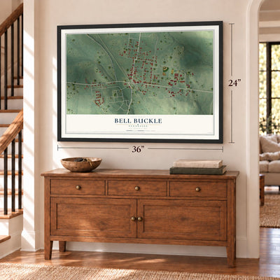 Bell Buckle, Tennessee map, 24 x 36 inch print in a black frame above a dresser by a staircase
