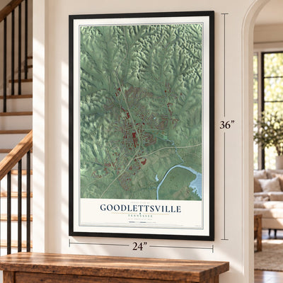 Goodlettsville, Tennessee map, 24 x 36 inch print in a black frame by a staircase