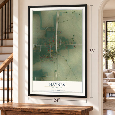 Haynes, Arkansas map, 24 x 36 inch print in a black frame by a staircase