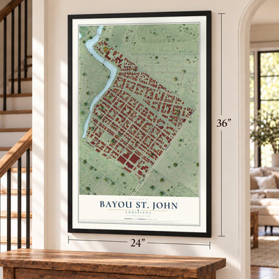 Bayou St. John, Louisiana map, 24 x 36 inch print in a black frame by a staircase