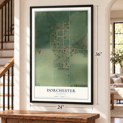 Dorchester, Illinois map, 24 x 36 inch print in a black frame by a staircase