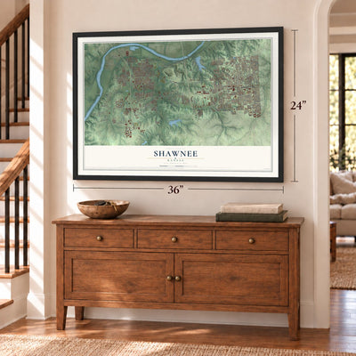Shawnee, Kansas map, 24 x 36 inch print in a black frame above a dresser by a staircase