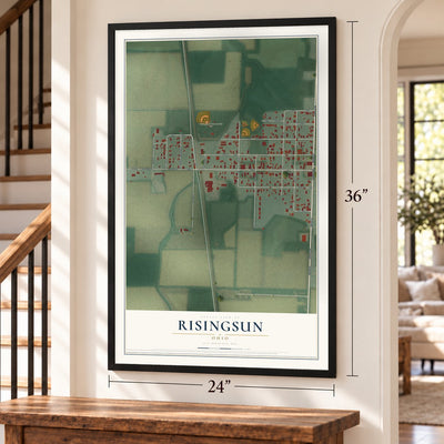 Risingsun, Ohio map, 24 x 36 inch print in a black frame by a staircase
