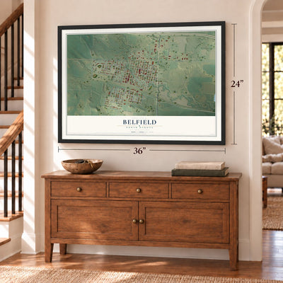 Belfield, North Dakota map, 24 x 36 inch print in a black frame above a dresser by a staircase