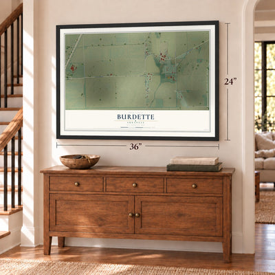 Burdette, Arkansas map, 24 x 36 inch print in a black frame above a dresser by a staircase