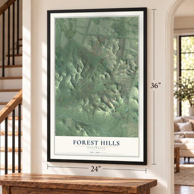Forest Hills, Tennessee map, 24 x 36 inch print in a black frame by a staircase