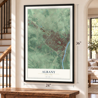 Albany, New York map, 24 x 36 inch print in a black frame by a staircase