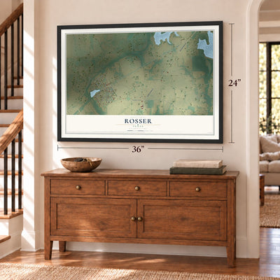 Rosser, Texas map, 24 x 36 inch print in a black frame above a dresser by a staircase