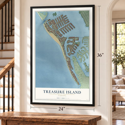 Treasure Island, Florida map, 24 x 36 inch print in a black frame by a staircase
