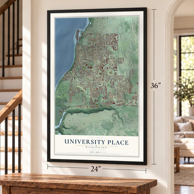 University Place, Washington map, 24 x 36 inch print in a black frame by a staircase