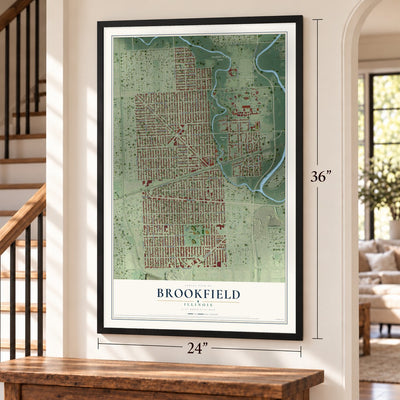 Brookfield, Illinois map, 24 x 36 inch print in a black frame by a staircase