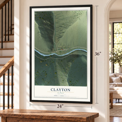 Clayton, Idaho map, 24 x 36 inch print in a black frame by a staircase