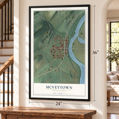 McVeytown, Pennsylvania map, 24 x 36 inch print in a black frame by a staircase