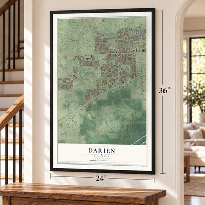Darien, Illinois map, 24 x 36 inch print in a black frame by a staircase
