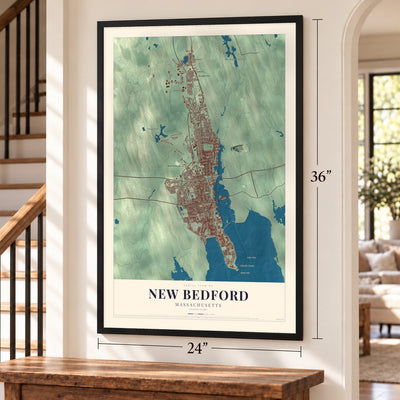New Bedford, Massachusetts map, 24 x 36 inch print in a black frame by a staircase