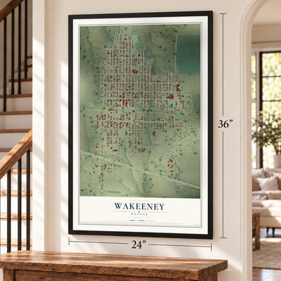 WaKeeney, Kansas map, 24 x 36 inch print in a black frame by a staircase