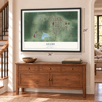Adams, Nebraska map, 24 x 36 inch print in a black frame above a dresser by a staircase