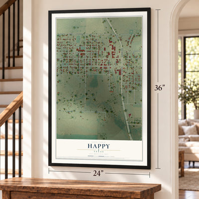 Happy, Texas map, 24 x 36 inch print in a black frame by a staircase