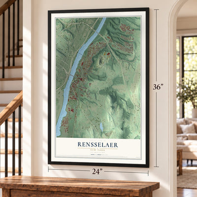 Rensselaer, New York map, 24 x 36 inch print in a black frame by a staircase