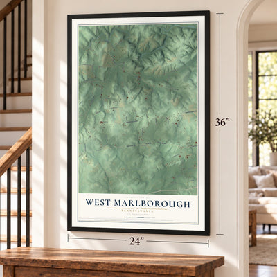 West Marlborough, Pennsylvania map, 24 x 36 inch print in a black frame by a staircase