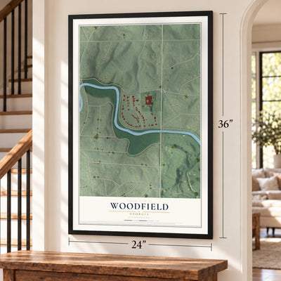 Woodfield, Georgia map, 24 x 36 inch print in a black frame by a staircase
