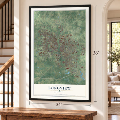 Longview, Texas map, 24 x 36 inch print in a black frame by a staircase