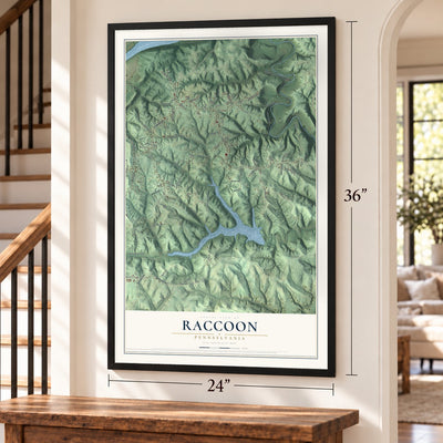 Raccoon, Pennsylvania map, 24 x 36 inch print in a black frame by a staircase