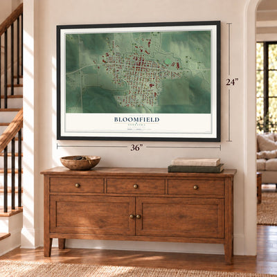 Bloomfield, Nebraska map, 24 x 36 inch print in a black frame above a dresser by a staircase