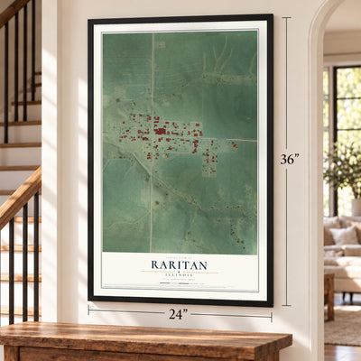 Raritan, Illinois map, 24 x 36 inch print in a black frame by a staircase