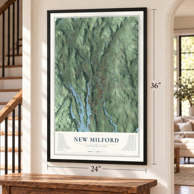 New Milford, Connecticut map, 24 x 36 inch print in a black frame by a staircase