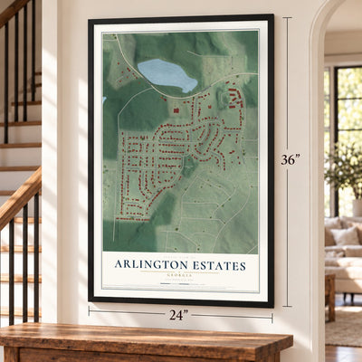 Arlington Estates, Georgia map, 24 x 36 inch print in a black frame by a staircase