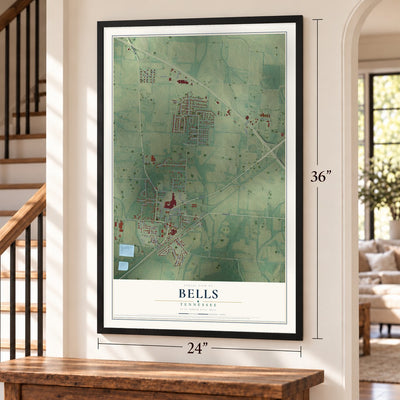 Bells, Tennessee map, 24 x 36 inch print in a black frame by a staircase