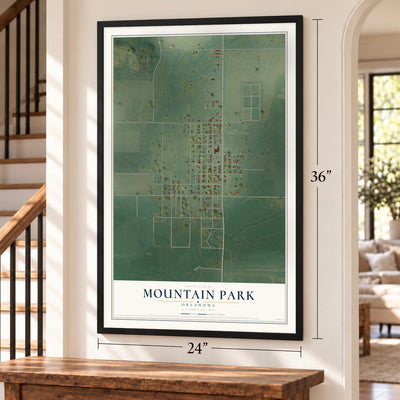 Mountain Park, Oklahoma map, 24 x 36 inch print in a black frame by a staircase