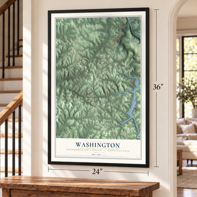 Washington, Westmoreland County, Pennsylvania map, 24 x 36 inch print in a black frame by a staircase