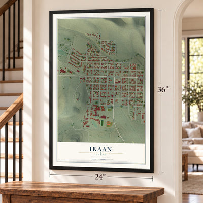 Iraan, Texas map, 24 x 36 inch print in a black frame by a staircase