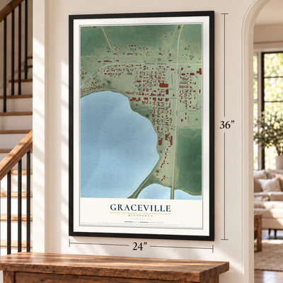 Graceville, Minnesota map, 24 x 36 inch print in a black frame by a staircase