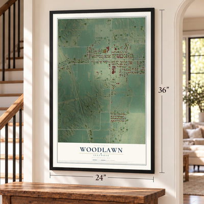 Woodlawn, Illinois map, 24 x 36 inch print in a black frame by a staircase