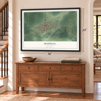 Madelia, Minnesota map, 24 x 36 inch print in a black frame above a dresser by a staircase