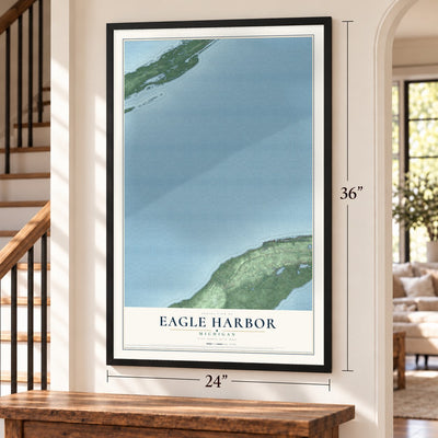 Eagle Harbor, Michigan map, 24 x 36 inch print in a black frame by a staircase