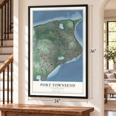 Port Townsend, Washington map, 24 x 36 inch print in a black frame by a staircase