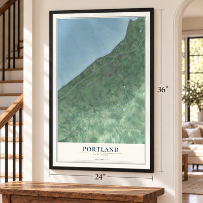 Portland, New York map, 24 x 36 inch print in a black frame by a staircase